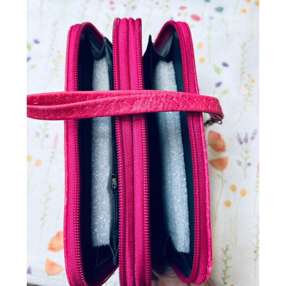 Pink Faux Leather Wallet Clutch Triple Zipper Compartments Wrist Strap Pink/Red - Picture 3 of 6